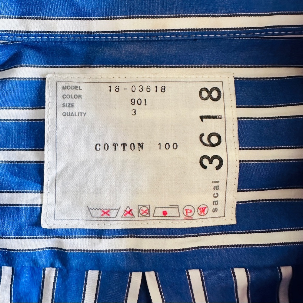 SACAI Blue Cotton Poplin Stripe Parachute Short Sleeve Collared Shirt Dress - Picture 10 of 11